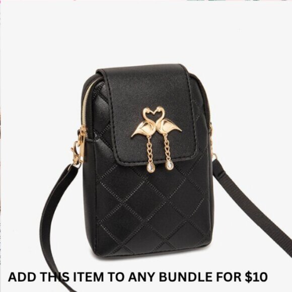 2/$30 Black Quilted Crossbody Cell Phone Bag Flamingo Charm Leather Small Purse - Picture 1 of 7